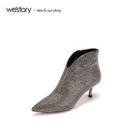 westory2019冬季新款羊皮绒面革仿钻尖头细跟女皮靴W29DS80171