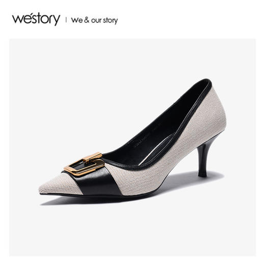 westory2020春季新款时髦撞色尖头扣饰浅口高跟鞋女W20AE51021 商品图1