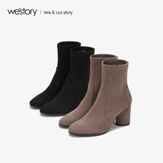 westory2019秋冬新品圆头显瘦粗高跟弹力袜靴女简约W29DS80071 商品图3