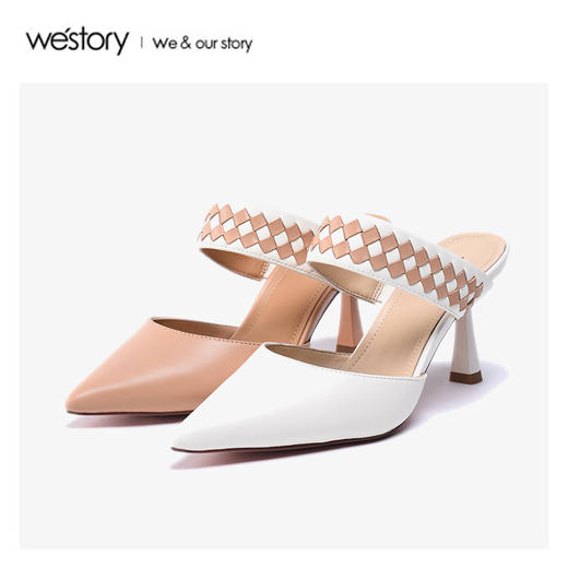 westory2020春季新款尖头编织一字带羊皮穆勒鞋凉鞋女W20AH51221 商品图2
