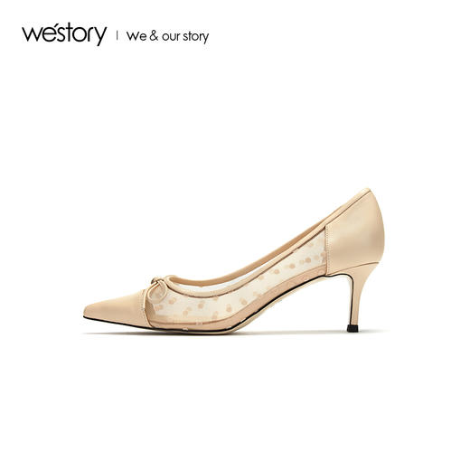 westory2019夏季蕾丝尖头高跟鞋女蝴蝶结细跟波点裸色W29BH60461 商品图1