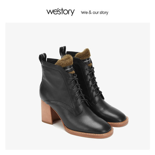 westory羊皮冬靴女2019秋冬新款粗跟短靴方头舒适百搭W29DS80261 商品图3