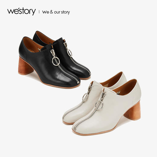 westory2019秋季新品复古前拉链木纹粗跟及踝靴单鞋女W29CM70371 商品图0