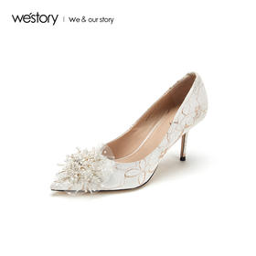 westory2019夏秋新品蕾丝花簇高跟鞋女尖头宴会婚鞋W29CE70101