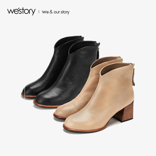 westory2019秋冬新品时尚后拉链方跟短筒靴女简约日常W29DS80181 商品图3