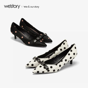 westory2019新款波点尖头高跟鞋女细中跟蝴蝶结甜美W29AE50521