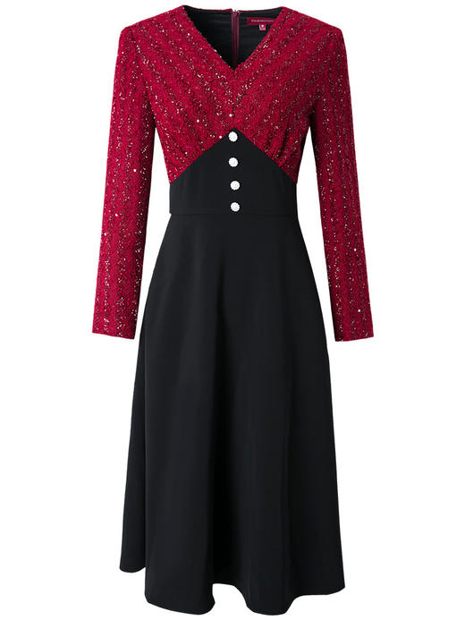 FMY-28064新款V领气质高腰修身拼接中长裙 商品图1