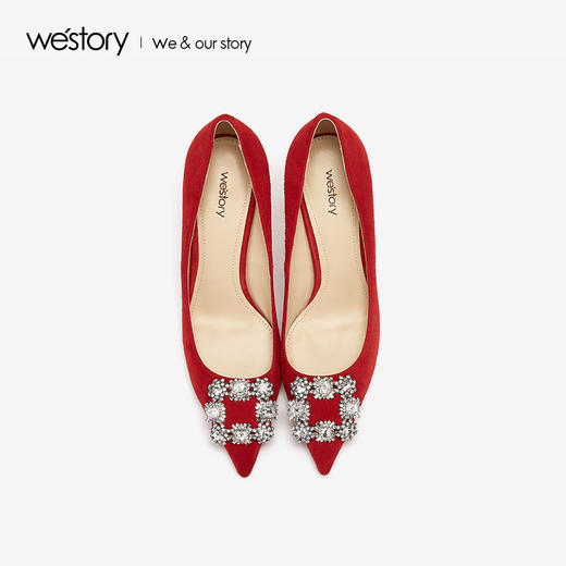 westory2019春夏红色浅口单鞋女中式婚鞋尖头高跟鞋W29AE50181 商品图3