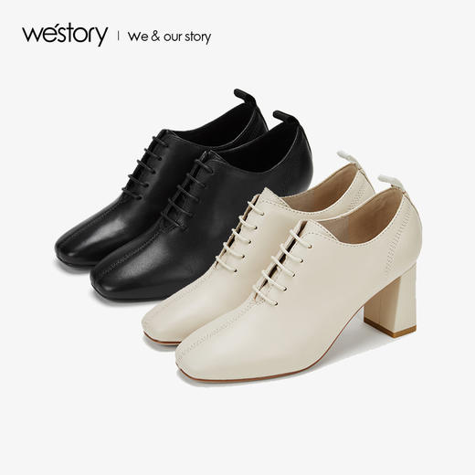 westory2019秋季新品时尚简约方头粗跟系带及踝靴女W29CM70321 商品图2