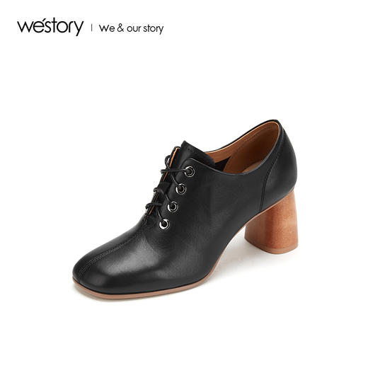 westory通勤圆头女靴2019秋冬新款方跟牛皮高跟鞋W29CM70521 商品图3