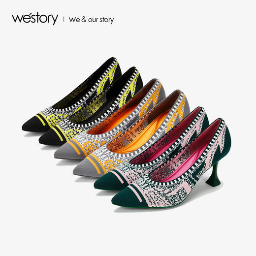 westory2020秋季新品时尚编织拼色尖头浅口高跟单鞋女W29CE70431 商品图3
