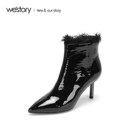 westory2018年冬季新款皮面靴子尖头短筒女靴高跟鞋W284S80991
