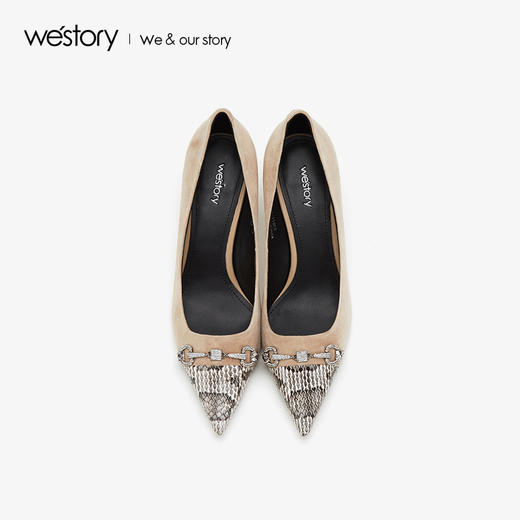 westory2019秋冬新品蛇纹拼接尖头高跟鞋女真皮优雅W29CE70191 商品图3