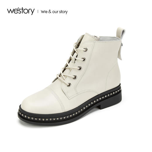 westory马丁靴2019年新款女鞋黑色牛皮革平底短靴S29DS80801 商品图2