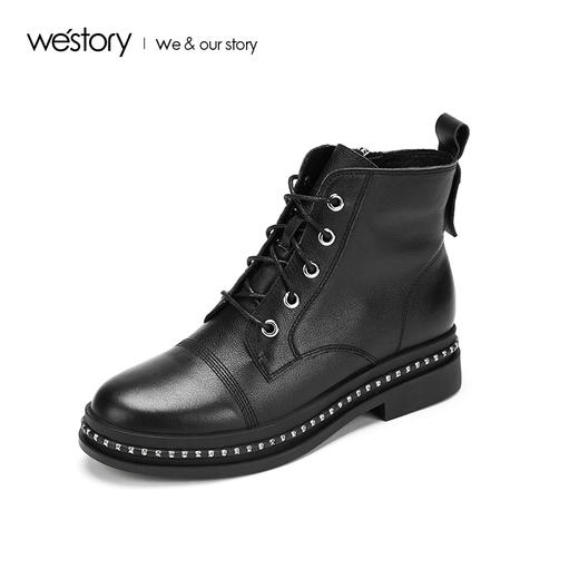 westory马丁靴2019年新款女鞋黑色牛皮革平底短靴S29DS80801 商品图1