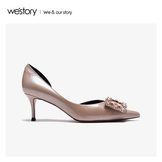 westory2020春季新款尖头水钻方扣浅口细跟高跟鞋女W20AH51191 商品图3