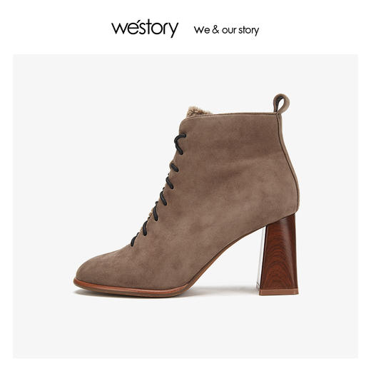 westory方头粗高跟系带真皮短靴女磨砂翻毛 2019冬新款W29DS80371 商品图2