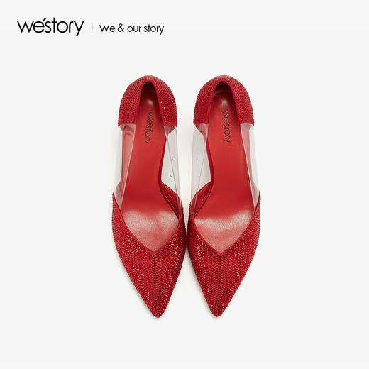 westory2019春夏新品红色高跟鞋女透明浅口中式婚鞋W29AE50381 商品图3