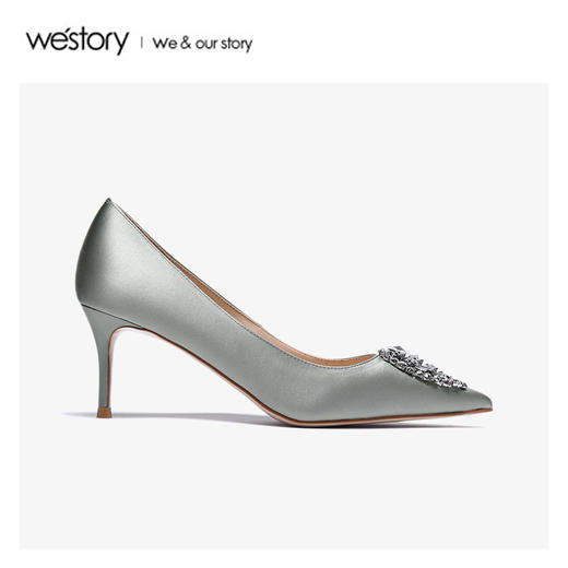 westory2020春季新款中式婚鞋尖头钻扣浅口高跟鞋女W20AE51651 商品图4