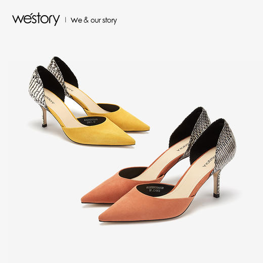 westory2019春夏金属色后跟浅口高跟鞋尖头气质单鞋女W29AH50231 商品图3