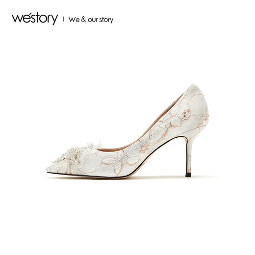 westory2019夏秋新品蕾丝花簇高跟鞋女尖头宴会婚鞋W29CE70101 商品图2