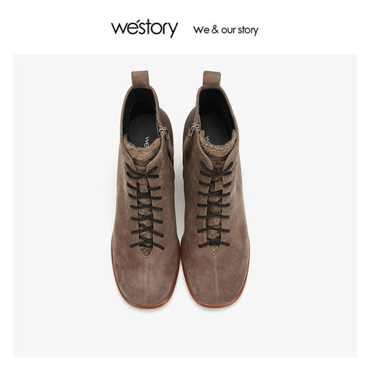 westory方头粗高跟系带真皮短靴女磨砂翻毛 2019冬新款W29DS80371 商品图1