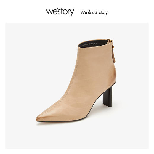 westory真胎牛皮高跟短靴女尖头后拉链2019年冬季新款W29DS80631 商品图0