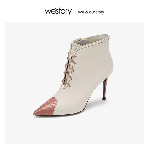 westory牛蛇皮拼接细高跟短靴女系带侧拉链冬新款80551 商品图3