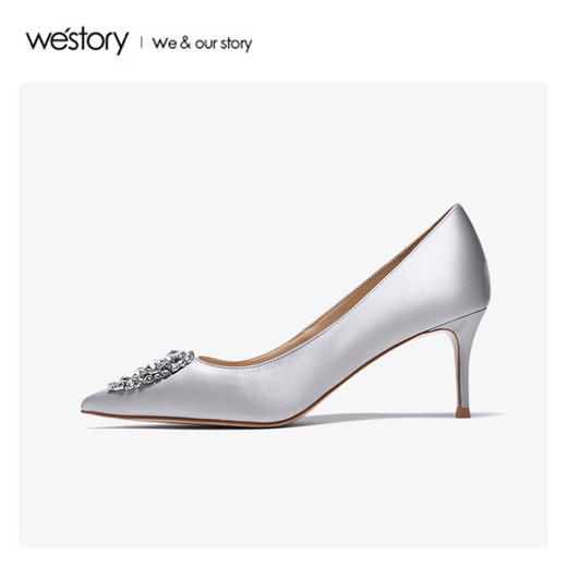 westory2020春季新款中式婚鞋尖头钻扣浅口高跟鞋女W20AE51651 商品图1