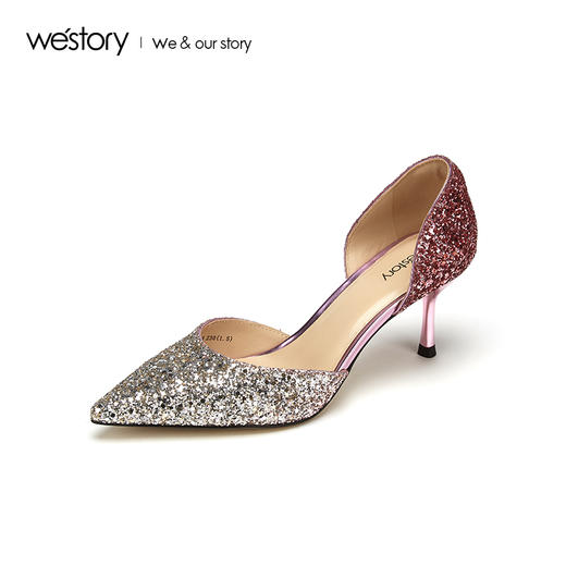 westory2019春夏尖头高跟鞋女亮片婚鞋银色宴会女鞋W29AH50071 商品图1