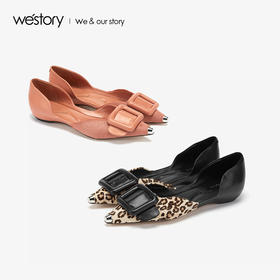 westory2019新款方形扣浅口单鞋女平底舒适百搭豹纹W29AH50601