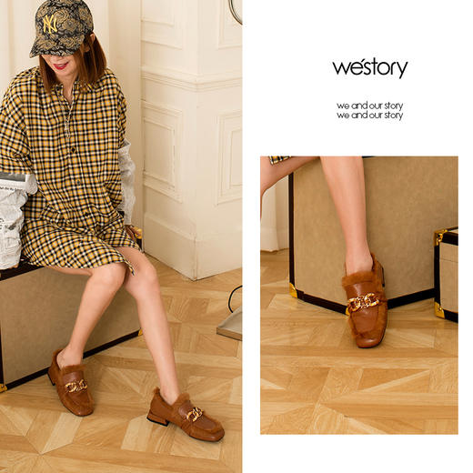 westory2018年冬季新款皮鞋内里加绒粗跟单鞋毛毛鞋女W284M80981 商品图1