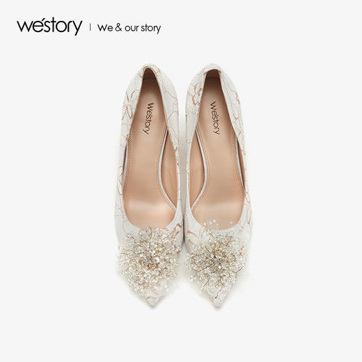 westory2019夏秋新品蕾丝花簇高跟鞋女尖头宴会婚鞋W29CE70101 商品图1