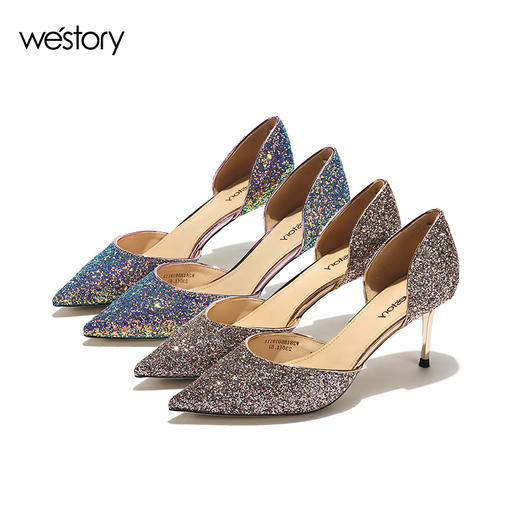 westory2019春夏尖头凉鞋女浅口亮片西式婚鞋女鞋W29AH50198 商品图3
