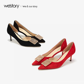 westory2019新款中式方形扣尖头高跟鞋女细跟优雅婚鞋W29AH50631