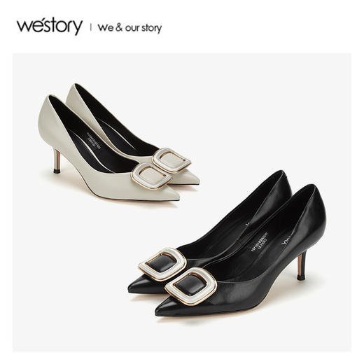 westory2020春季新款尖头浅口方扣高跟鞋女细跟W20AE51071 商品图3