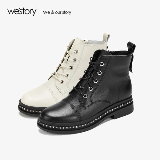 westory马丁靴2019年新款女鞋黑色牛皮革平底短靴S29DS80801 商品图3