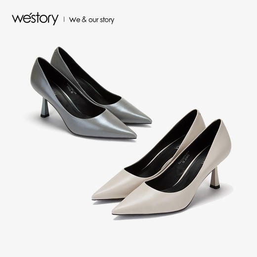 westory2019新品光面尖头高跟鞋女细跟真皮社交女鞋W29CE70211 商品图3