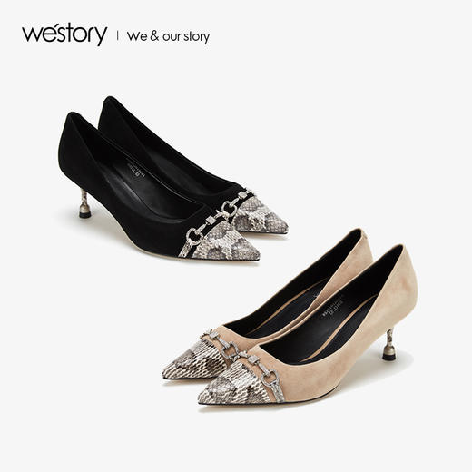 westory2019秋冬新品蛇纹拼接尖头高跟鞋女真皮优雅W29CE70191 商品图0