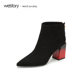 westory2018年冬季新款短靴粗跟绒面尖头靴子女W284S80901