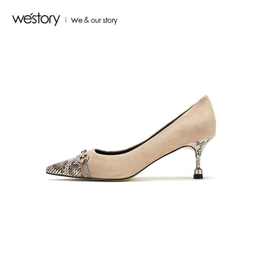 westory2019秋冬新品蛇纹拼接尖头高跟鞋女真皮优雅W29CE70191 商品图4