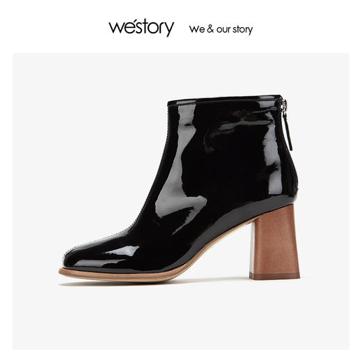 westory牛漆皮高跟短靴木纹沿边时尚女鞋2019冬季新款W29DS80481 商品图2