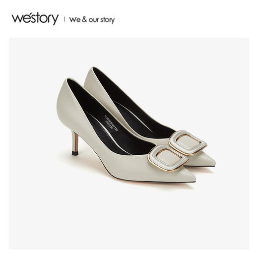 westory2020春季新款尖头浅口方扣高跟鞋女细跟W20AE51071 商品图4