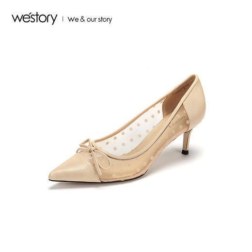 westory2019夏季蕾丝尖头高跟鞋女蝴蝶结细跟波点裸色W29BH60461 商品图0
