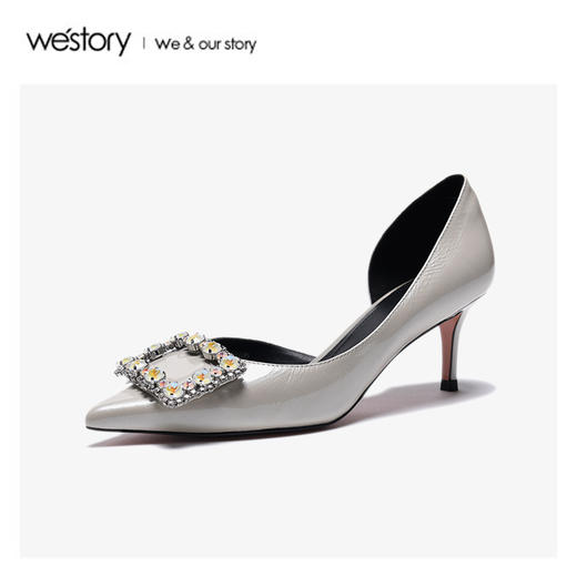 westory2020春季新款尖头水钻方扣浅口细跟高跟鞋女W20AH51191 商品图4