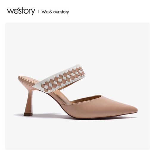westory2020春季新款尖头编织一字带羊皮穆勒鞋凉鞋女W20AH51221 商品图3