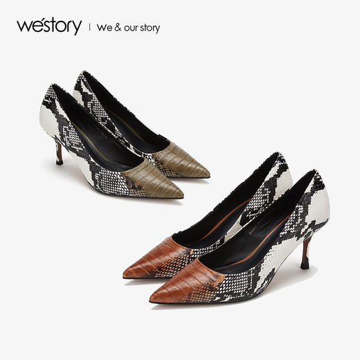 westory2020秋季新品蛇纹尖头高跟鞋女细跟优雅社交W29CE70151 商品图3
