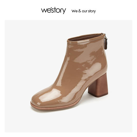 westory牛漆皮高跟短靴木纹沿边时尚女鞋2019冬季新款W29DS80481 商品图3