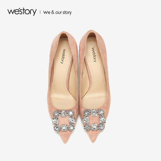 westory2019春夏水晶方形扣尖头高跟鞋女简约时尚女鞋W29AE50321 商品图3