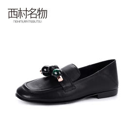 西村名物2020春季新品复古优雅珍珠蝴蝶结两穿踩脚鞋方头乐福鞋女X20AM18271